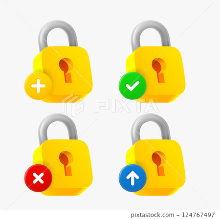 Padlock icon set with different pictograms. 3d vector icons collection Padlock icon set with different pictograms. 3d vector icons collection 124767497