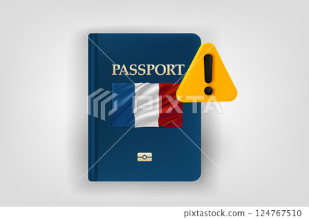 Passport with flag of France and exclamaion sign. Low energy concept. Vector 3d illustration 124767510