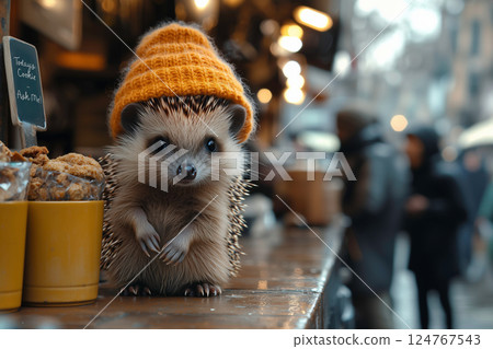 A hatted hedgehog on the cafe counter and today's cookie 124767543