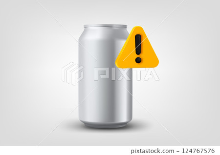 Metal can with exclamaion sign. Vector 3d illustration 124767576