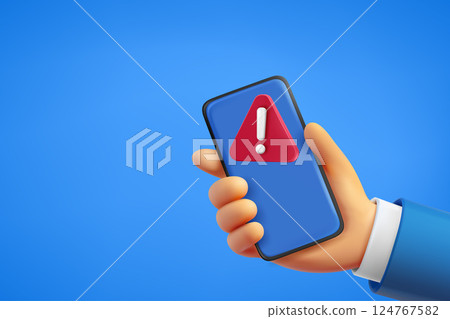 Man holding smartphone with attention sign. 3d vector banner with copy space 124767582