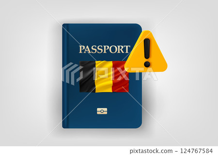 Passport with flag of Belgium and exclamaion sign. Low energy concept. Vector 3d illustration 124767584
