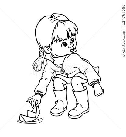 A little girl in rubber boots and a windbreaker squats down to pick up a paper boat from a puddle. Hand-drawn black and white outline illustration for children's spring or autumn coloring book 124767586