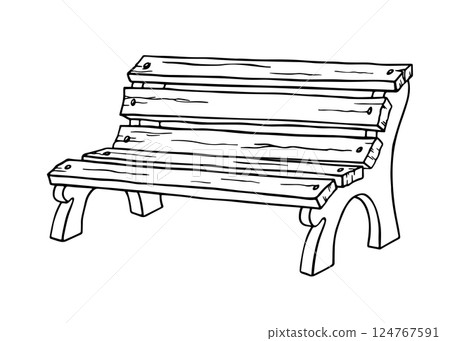An old time damaged wooden park bench with massive metal legs. Outline illustration of weathered outdoor bench. Single object on white from Spring collection for theme background or scenery creating An old time damaged wooden park bench with massive metal legs. Outline illustration of weathered outdoor bench. Single object on white from Spring collection for theme background or scenery creating 124767591