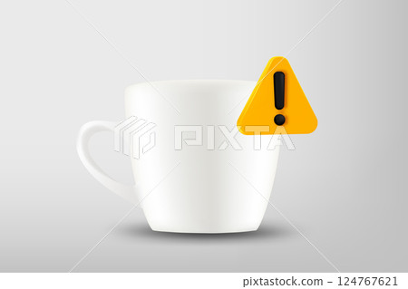 White ceramic cup with exclamaion sign. Vector 3d illustration White ceramic cup with exclamaion sign. Vector 3d illustration 124767621