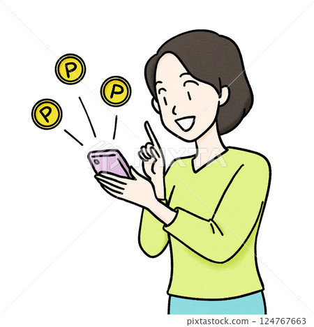 一位年輕女士透過智慧型手機賺取積分的插圖 124767663