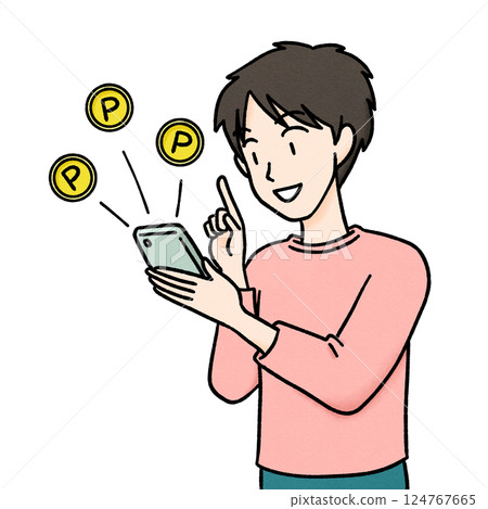 Illustration of a young man earning points using a smartphone Illustration of a young man earning points using a smartphone 124767665