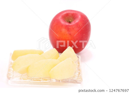 Red apple Koi Fuji Iwate Prefecture cut dessert light background Red apple Koi Fuji Iwate Prefecture cut dessert light background 124767697