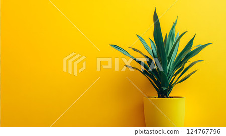 Landscape with houseplants in flowerpots on a yellow background 124767796