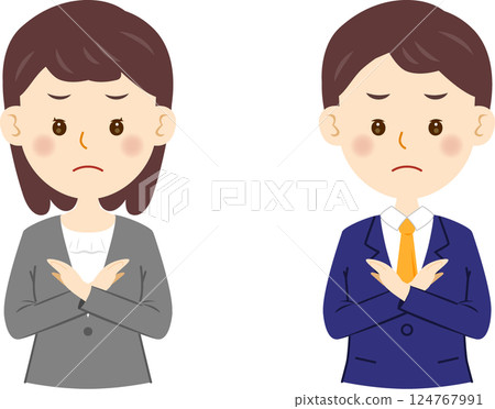 The upper body of a male and female office worker in a business suit showing a cross 124767991