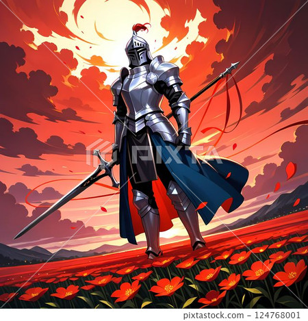 Warrior wearing armor with red flowers 124768001