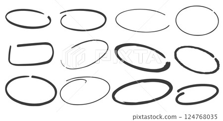 Highlight pen line. Hand drawn circle underline sketch. Oval pencil stroke. Doodle mark scribble. Ellipse and round emphasis. Vector elements set 124768035