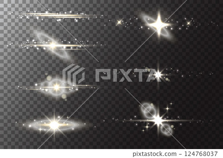 Star with light flare glow. Shiny sparkles with glitter and flashes. Vector golden glare on transparent background. Yellow magic twinkles with blurred magic lens flare v 124768037