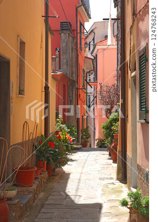 House and street in Liguria, Porto Venere. City buildings on sunny day. Travelling, Italy attractions and holidays. 124768243