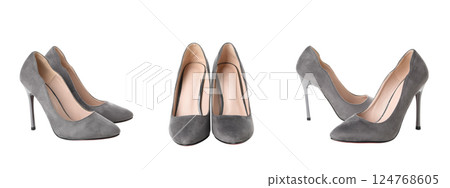 Stylish gray high heel shoes suitable for various outfits, isolated on white 124768605