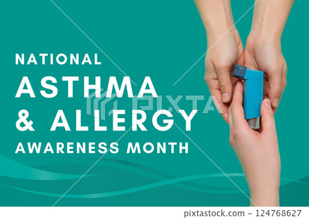 Asthma and Allergy awareness month, Two hands are shown holding an inhaler against a vibrant teal background for awareness 124768627