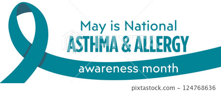 Teal ribbon represents National Asthma and Allergy Awareness Month, supporting lung health 124768636