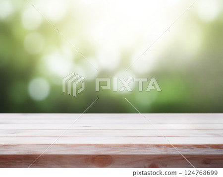 Green background and wooden deck 124768699