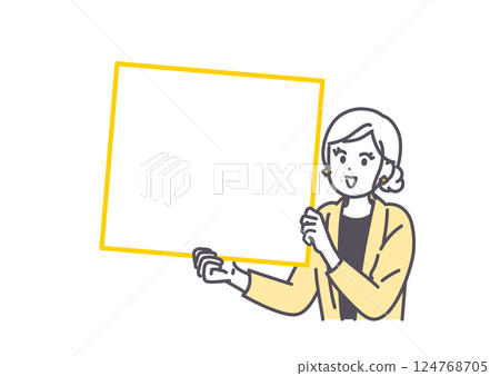 Illustration of a young woman holding a flip board and making an announcement 124768705