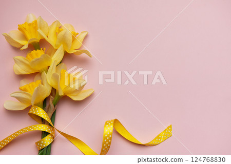 Yellow daffodils with ribbon on pink background for spring concept Yellow daffodils with ribbon on pink background for spring concept 124768830
