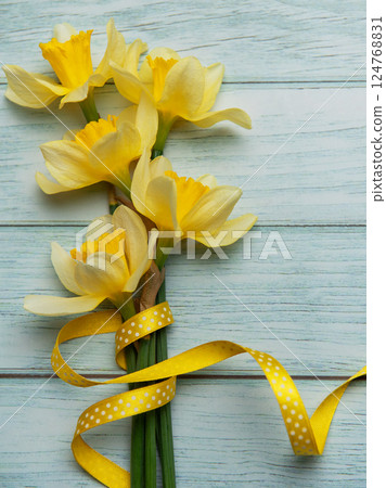 Yellow daffodils with ribbon lying on blue wooden background Yellow daffodils with ribbon lying on blue wooden background 124768831