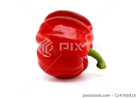 Bright Red Bell Pepper with Green Stem on White Background 124768918