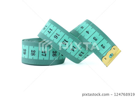 A curled turquoise measuring tape isolated on white, used for precise measurements in sewing. 124768919