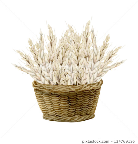 Ears of wheat bouquet in vintage brown wicker basket watercolor isolated illustration. Autumn harvest hand drawn clipart for Jewish Shavuot designs, bakery and home products or farm cooking book Ears of wheat bouquet in vintage brown wicker basket watercolor isolated illustration. Autumn harvest hand drawn clipart for Jewish Shavuot designs, bakery and home products or farm cooking book 124769156