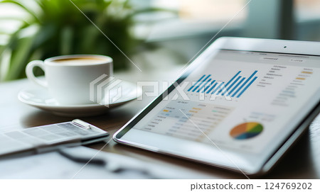 Business plan on a tablet screen with a coffee cup 124769202