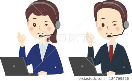 Men and women at a call center giving OK 124769266
