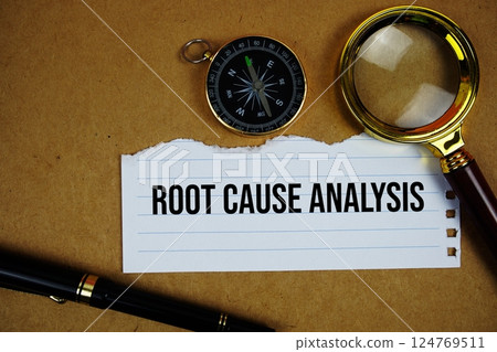 RCA - Root Cause Analysis text on paper torn with magnifying glass and compass on wooden background RCA - Root Cause Analysis text on paper torn with magnifying glass and compass on wooden background 124769511