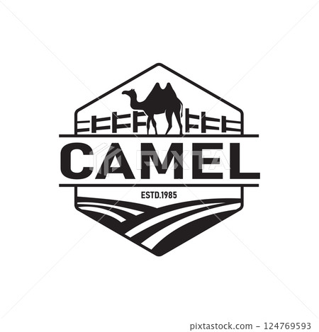 Vintage Camel Farm Logo Vector with Fence and Landscape Badge Style Vintage Camel Farm Logo Vector with Fence and Landscape Badge Style 124769593
