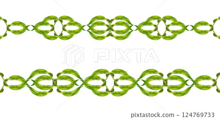 Green, symmetrical, twisted vines, leaves in vignette. Seamless border template. Watercolor illustration, elegant, nature-inspired, for wedding invitations, botanical designs or eco branding accents 124769733