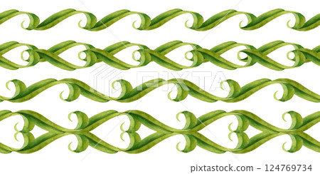 Green, symmetrical, twisted vines, leaves in vignette. Seamless border template. Watercolor illustration, elegant, nature-inspired, for wedding invitations, botanical designs or eco branding accents 124769734