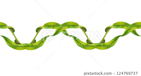 Green, symmetrical, twisted vines, leaves in vignette. Seamless border template. Watercolor illustration, elegant, nature-inspired, for wedding invitations, botanical designs or eco branding accents 124769737