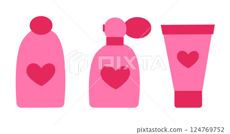 Creams, lotion, mousse, perfume Set. Cosmetics pink collection. Skin care products. Vector illustration. Creams, lotion, mousse, perfume Set. Cosmetics pink collection. Skin care products. Vector illustration. 124769752