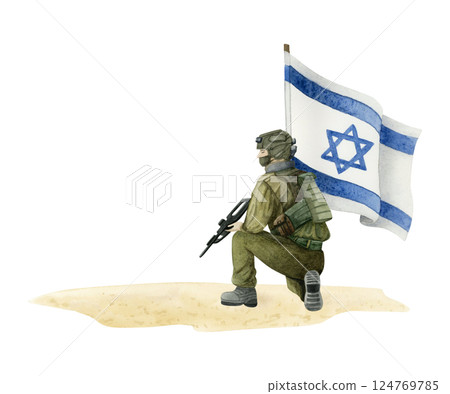 Israel IDF soldier sitting near state flag watercolor isolated illustration. Israeli military man on desert sand ground for Veteran and Remembrance Day. 7th of October and Independence army clipart Israel IDF soldier sitting near state flag watercolor isolated illustration. Israeli military man on desert sand ground for Veteran and Remembrance Day. 7th of October and Independence army clipart 124769785