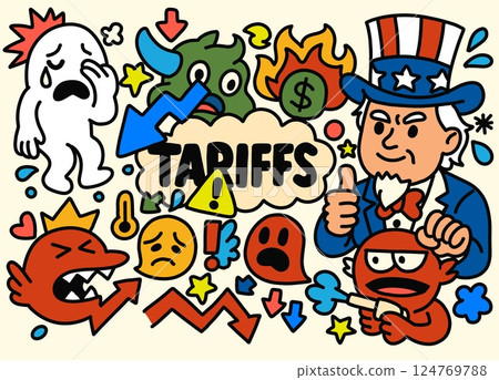 Colorful cartoon chaos about global tariff crisis 124769788