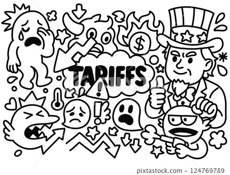 Cartoon illustration of global economic tariff chaos 124769789