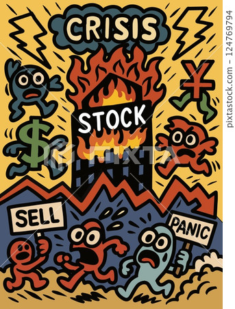 Stock market crisis cartoon with panic sellers 124769794