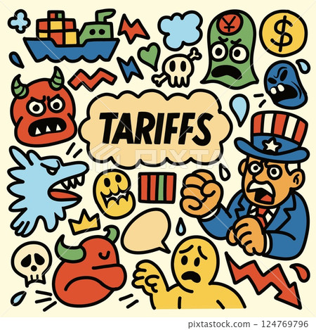 Tariffs and economic tension cartoon illustration 124769796
