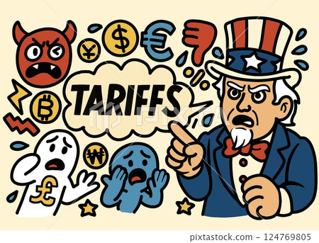 Cartoon illustration of global tariffs and currency crisis Cartoon illustration of global tariffs and currency crisis 124769805