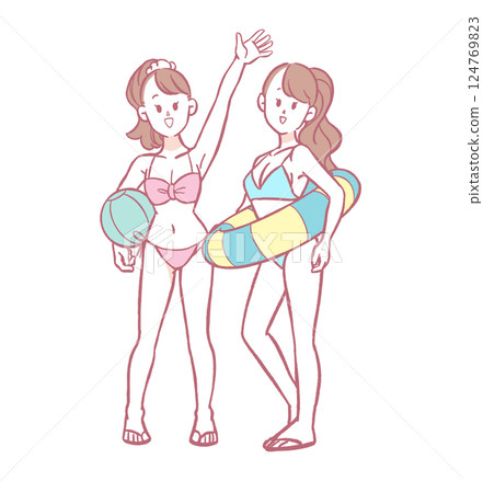 兩位身穿泳衣的年輕女子的插圖 124769823