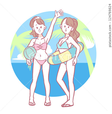 海灘度假村兩位身穿泳衣的年輕女子 124769824
