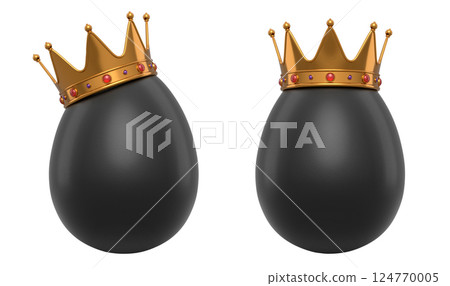 Black eggs adorned with golden crowns with red gemstones, isolated on white transparent background. 124770005