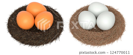 Brown and white eggs in bird nests isolated on white transparent background. 124770011