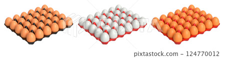 Plastic trays filled with neatly stacked brown and white eggs, isolated on white transparent background. 124770012