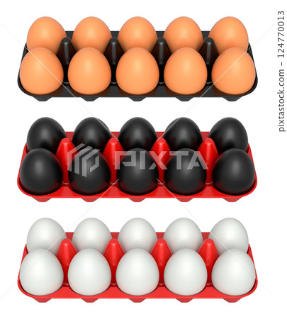 Plastic trays filled with neatly stacked brown, black and white eggs, isolated on white transparent background. 124770013