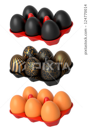 Elegant black eggs with gold patterns in trays, isolated on white transparent background. 124770014