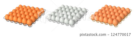 Metal trays filled with neatly stacked white and brown eggs, isolated on white transparent background. 124770017